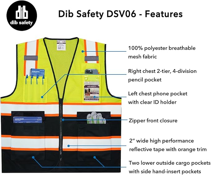 Dib Safety Reflective Mesh Vest High Visibility Two Tone with Pockets and Zipper, Yellow and Black Mesh with Orange Trim 3XL