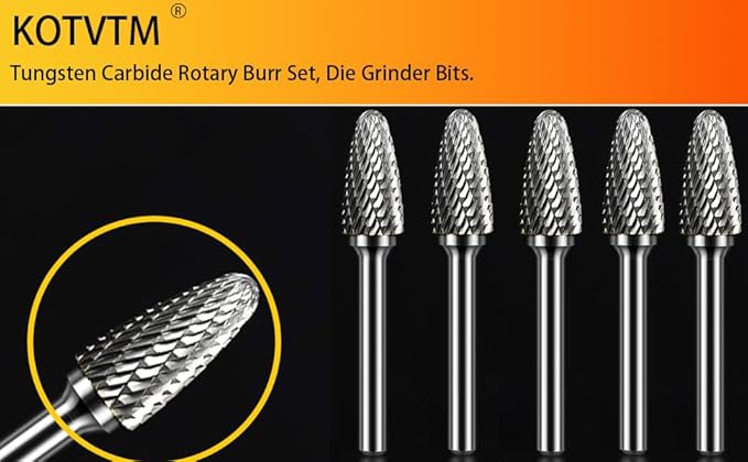 Carbide Burr Set 1/4" Shank SF-5 Die Grinder Bits Tungsten Double Cut Burr Bits (1/2" Cutter Dia X 1" Cutter Length) for Die Grinder Kits Metal Grinding Drilling Polishing (5pcs)
