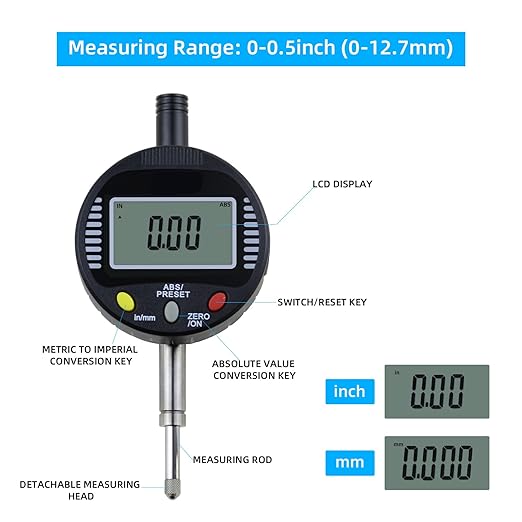 Electronic Digital Dial Gauge,with A Range of 0.5in/12.7mm and A Digital Indicator Accuracy of 0.01mm/0.0005 "Metric and Imperial Measure Tool Electronic Dial Gauge of 3D Printing and CNC Machine