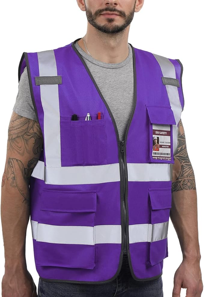 Dib Safety Reflective Vest High Visibility with Pockets and Zipper, Purple S