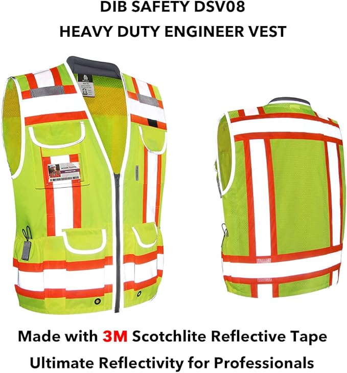 Dib Safety Reflective Vest Heavy Duty, High Visibility Two Tone Engineer Vest, Made with 3M Tape, Padded Collar, Retractable ID Pocket, Yellow 2XL
