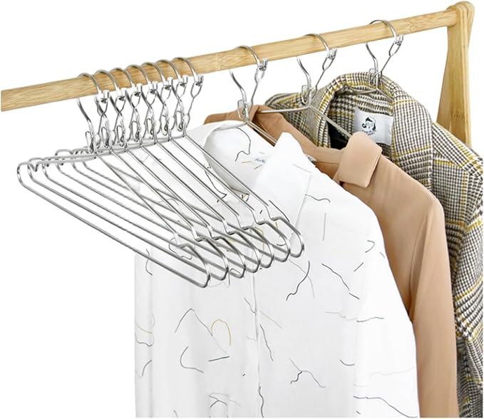 16.5” Wire Hanger 4mm Lockable Hangers 10Pack Stainless Steel Slim Thin Heavy Duty Windproof Lock Hook Metal Space Saving Clothes Hotel Hangers for RV Camping Silver (10)