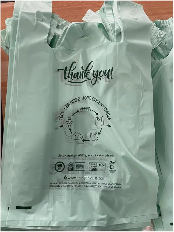(Large) OrangeBio Certified Home Compostable Shopping Bags, 500ct, 12"x 6" x 20" (Extra Thick), Hold 20 lbs, Thank You/Grocery/Take Out/T Shirt/To-Go Bags for Retail, Grocery Store