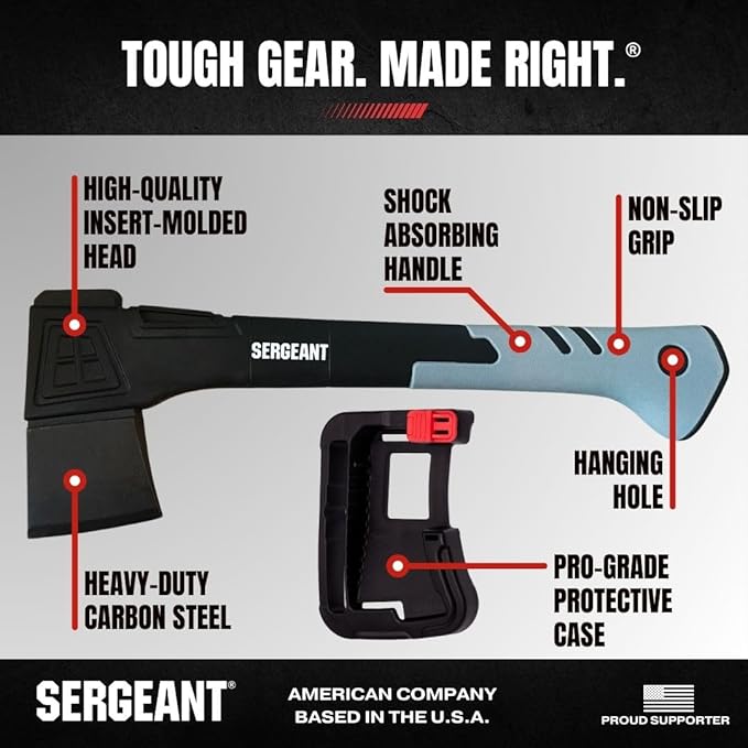 Camping Hatchet SGT-14 Inch, Camp Axe Survival Hatchet Tactical Outdoor Camping Axe w High Carbon Steel Blade, Lightweight Fiberglass Handle, and Compact Portable Design and Carrying Case.