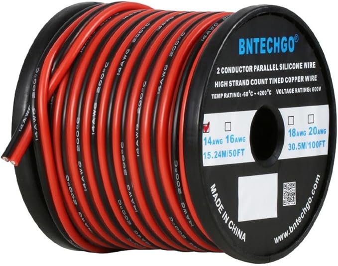 BNTECHGO 14 Gauge Flexible 2 Conductor Parallel Silicone Wire Spool Red Black High Resistant 200 deg C 600V for Single Color LED Strip Extension Cable Cord,Model,50ft Stranded Tinned Copper Wire
