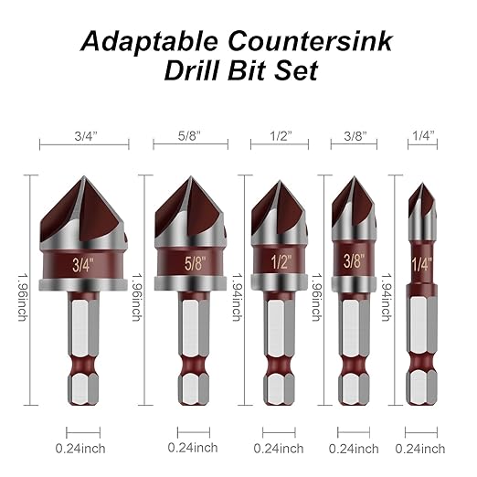 Countersink Drill Bit, 5PCS 82 Degree HSS 1/4"-3/4" with 1/4" Hex Shank Countersink Drill Bit Set, Counter Sink Drill Bit for Wood, Metal, Plastic, Countersink Bit for Woodwork
