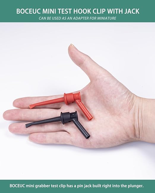 Mini Grabber Test Clip with 2MM Banana Jack, 2 PCS Multimeter Test Lead Hooks Clips Push on Test Probe Electronic Testing IC Grabber
