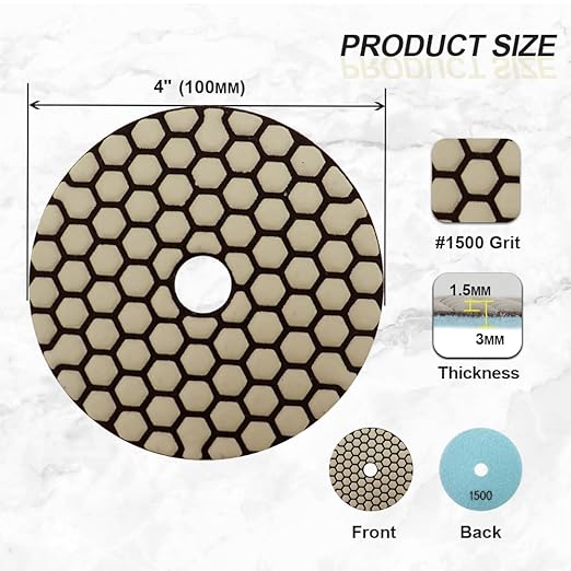 Dry Diamond Polishing Pads 4"/100mm - 8pcs Grit 1500 Polish Pad Kit for Granite Marble Artificial Stone Quartz for Angle Grinder