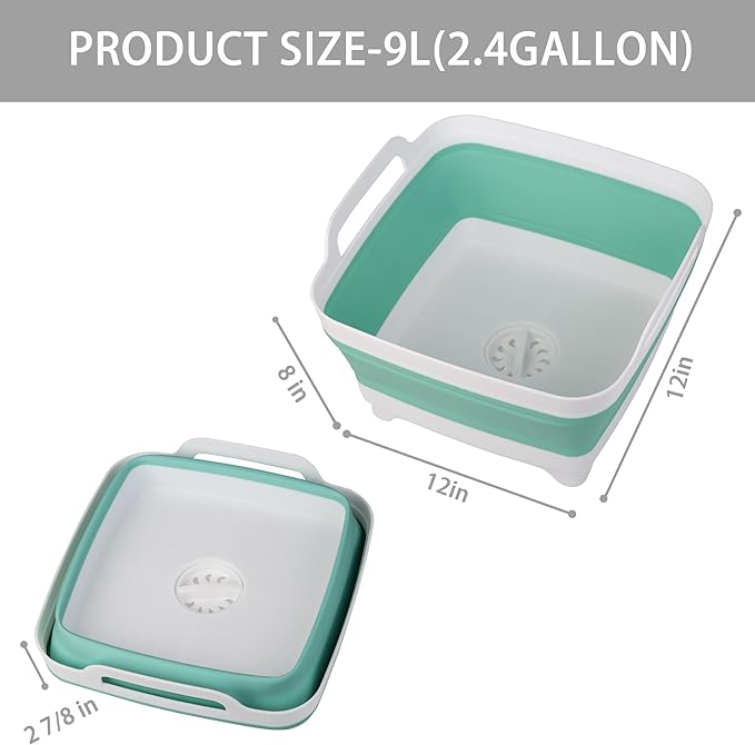 Dishpan for Washing Dishes, 2.4Gal/9L Wash Basin with Draining Plug Carry Handles, Collapsible Bucket for Cleaning, Portable Sink, Foldable Plastic Tub