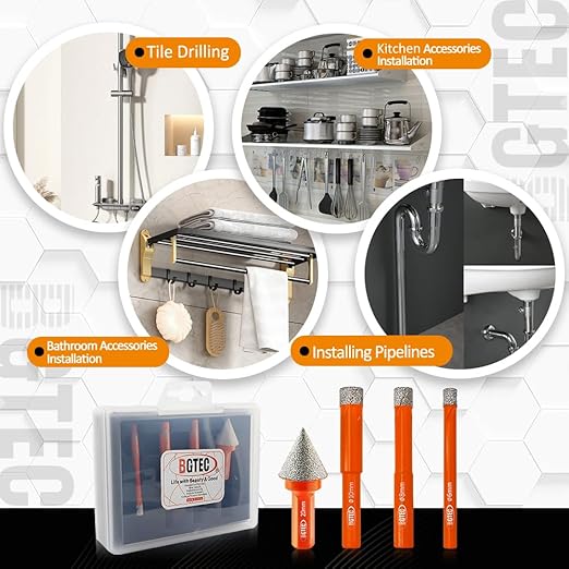 Dry Diamond Drill Bit Set - BGTEC 6/8/10mm Hole Saw and 1pc 4/5" Dimaond Chamfer bit for Granite Marble Porcelain Ceramic,Vacuum Brazed Diamond Core Drill Bit Kit
