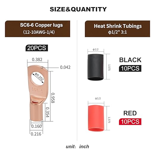 Thick Copper Electric Wire Lugs,20Pcs Bare Copper Gauge 12-10Awg-1/4(M6) Ring Heavy Duty Battery Cable Lugs Ends Ring Terminals Connectors with 20Pcs 3:1 Heat Shrink Tubing Assortment Kit