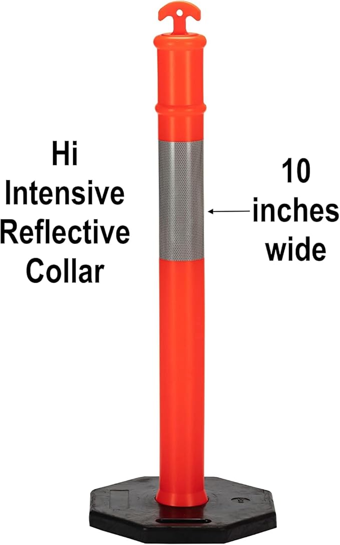 CJ Safety 44" Orange PE Delineator Post Cone, 44" Height Post, 10 lbs Recycled Rubber Black Base, 10" Reflective Band (Set of 6)