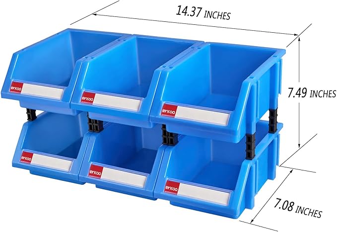 Small parts organizer hardware storage bins tool organizer plastic stackable storage bins for screws,bolts,drivers(Blue,Pack of 6)