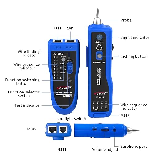 NOYAFA Network Cable Tester, RJ11 RJ45 Network Tester for Telephone, Ethernet, Video, Tone Generator, Metal, Ethernet Cable Tester Cable Toner with Earphone Flashlight