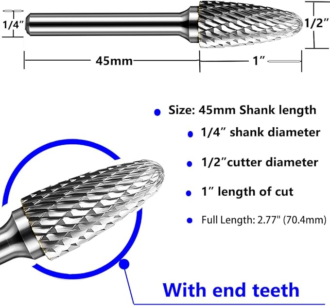 SF-5 Tungsten Carbide Burr Set Double Cut Rotary Burrs File(1/2” Cutter Dia X 1”Cutter Length) with 1/4'' (6.35mm) Shank for Die Grinder Drill Bits (Pack of 5)…