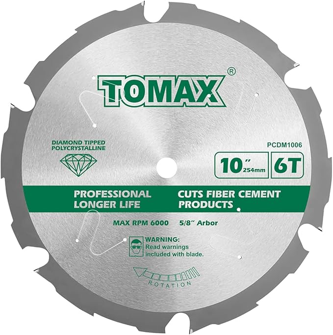 PCDM10 Inch 6 Tooth Polycrystalline Diamond Tipped (PCD) Hardie Fiber Cement Saw Blade with 5/8-Inch Arbor