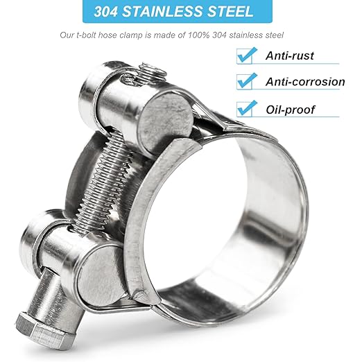 AKIHISA 4 Pack 20-22mm Range T-Bolt Hose Clamps,304 Stainless Steel Heavy Duty Adjustable Pipe Clamps 25/32 to 55/64 Inch ID