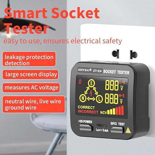 Socket Tester, Plug Tester for Electrical outlets,ZT-E4, Leakage Detector with GFCI Test, Electrical Circuit Tester for Quick and Safe Wiring Diagnosis