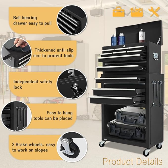 13 Drawer Rolling Tool Chest with Wheels, 2 in 1 Detachable Tool Chest with Drawers, Large Tool Box with Lock, Metal Tool Cabinet for Garage Workshop(Black)