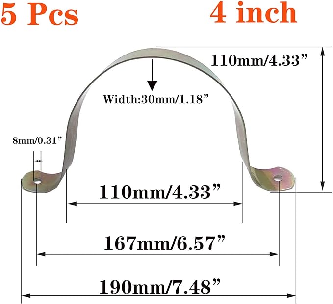 5 Pcs 4inch Rigid Pipe Strap,Two Hole Strap U Bracket Iron, Widened Tube Strap Tension Clip Assortment Kit Heavy Duty Pipe Clamp（110mm）