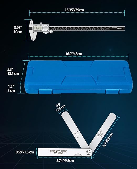 Digital Caliper 12 Inch, (ABS) Absolute Scale Caliper, IP54 Caliper Measuring Tool, Inch/MM/Fraction, Auto-Off LCD Stainless Steel Waterproof Micrometer Vernier Caliper, Feeler Gauges