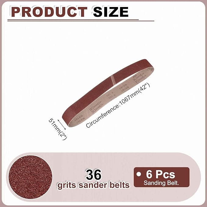 HARFINGTON 2 x 42 Inch Sanding Belts, 6 Pcs 36 Grits Aluminum Oxide Abrasive Belt Sander File Belt for Woodworking, Metal Polishing, Knife Sharpener