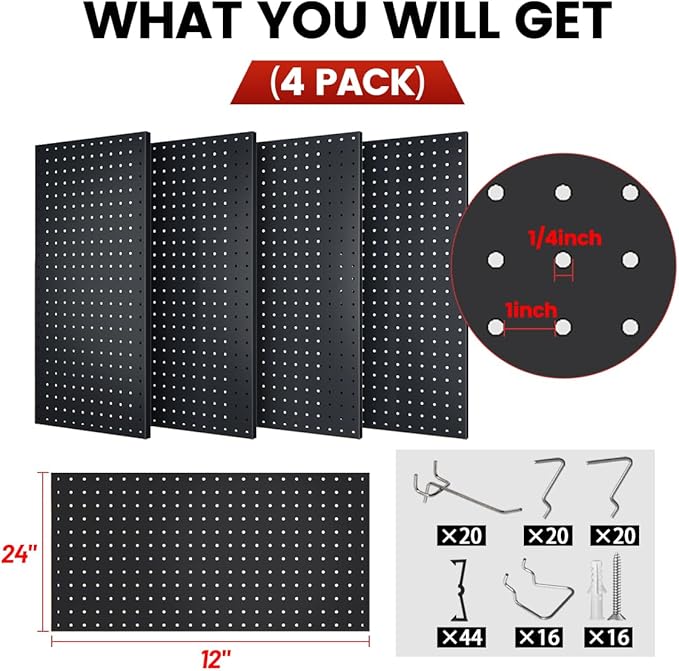 Pegboard, Metal Peg Board, Pegboards Wall Organizer with 76 Pcs Hooks, Sturdy Peg Board for Garage Tool Organization, Home & Office Wall Decoration (Black, 4 Pack)