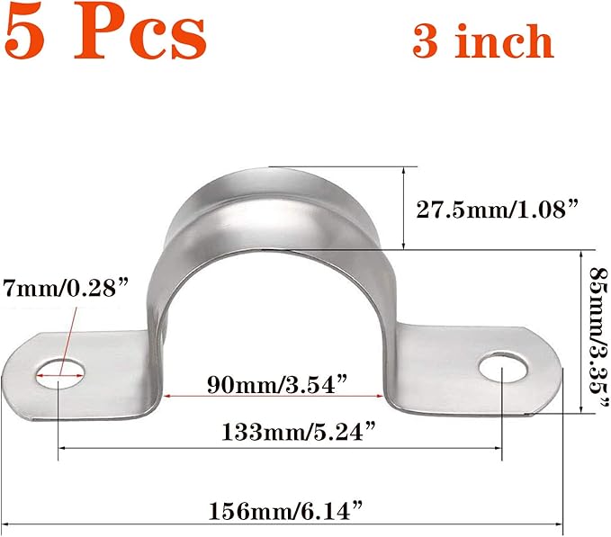 5 Pcs 3inch Rigid Pipe Strap,Two Hole Stainless Steel Strap U Bracket, Widened Tube Strap Tension Clip Assortment Kit Heavy Duty Pipe Clamp（90mm）