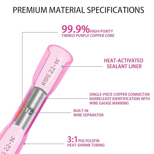 1000PCS Heat Shrink Wire Connectors 22-16 AWG, Waterproof Tinned Copper Purple Core Wire Connectors, Insulated Splice Terminals for Cable, Boat, Automotive, and Home Wiring (22-16 AWG)