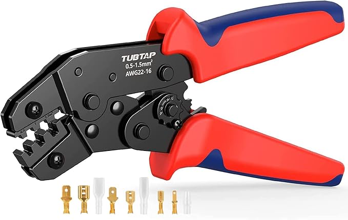 TUBTAP Spade Connector Tool 22-16 AWG Bullet Connectors - Ratcheting Wire Terminal Crimper, Wire Crimping Tool