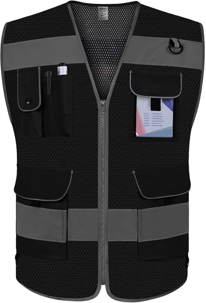 TCCFCCT Mesh Reflective Safety Vest, 9 Pockets High Visibility Vest for Men Women, Hi Vis Reflective Work Vest for Safety, Meets ANSI/ISEA Standards, (Black, XX-Large)