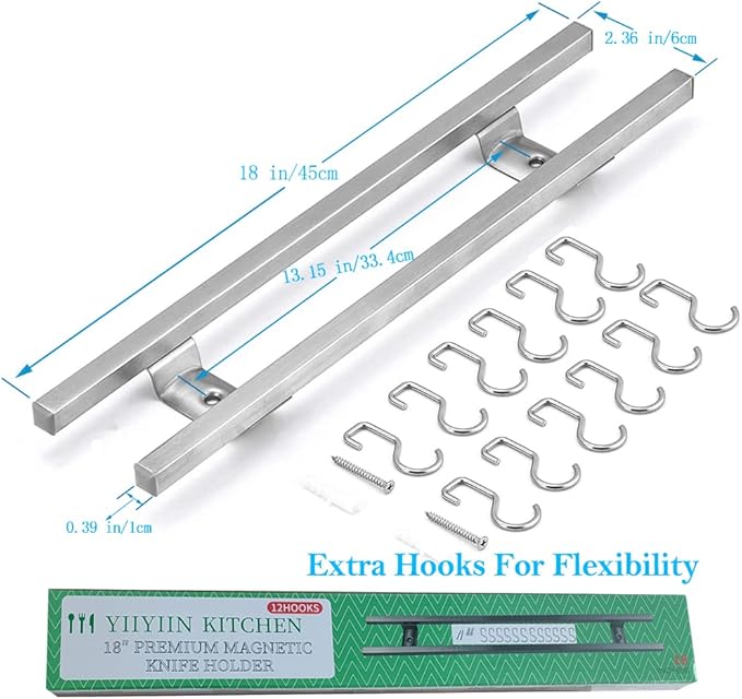 YIIYIIN 18 Inch Magnetic Knife Holder for Wall Mount-Magnetic Knife Strips with 12 Hook-304 Stainless Steel Wall Magnetic Knife Bar Rack-Knife Block-Knife Rack-Utensil Hanger-Kitchen Utensil Holder