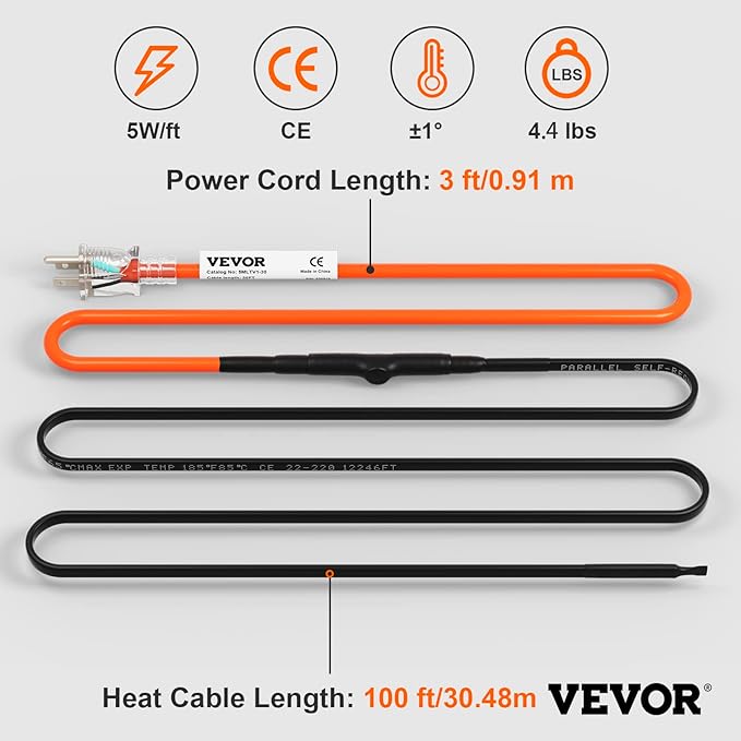 VEVOR Self-Regulating Pipe Heating Cable, 100-feet 5W/ft Heat Tape for Pipes Freeze Protection, Protects PVC Hose, Metal and Plastic Pipe from Freezing, 120V