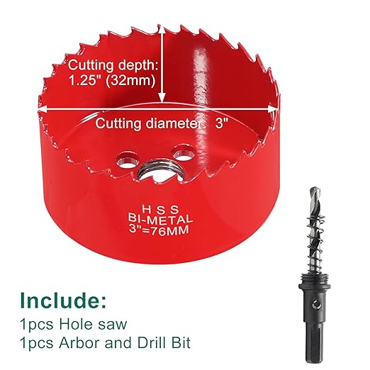 HYCHIKA 3 Inch/76mm Hole Saw,Bi-Metal Cutter Hole Max Cutting Depth 32mm with 1 Arbor Drill Bit for Wood Cutting Cornhole Plastic Drywall Boards Fiberboard