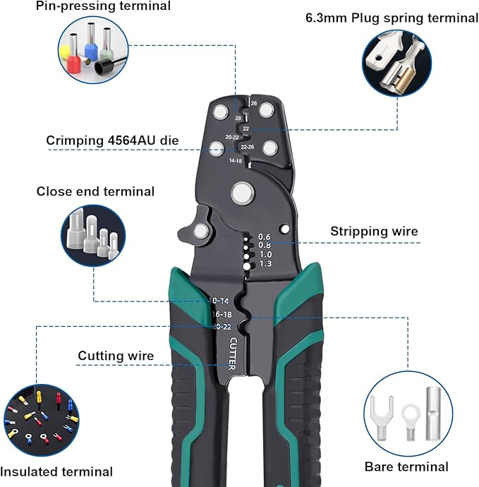 smseace 201pcs Crimping Tool with Fork Spade Connectors 12-Sizes(M3/M4/M5/M6) 22-10AWG Wire Fork Connectors U-Type Terminal Multifunction Wire Crimping Tool