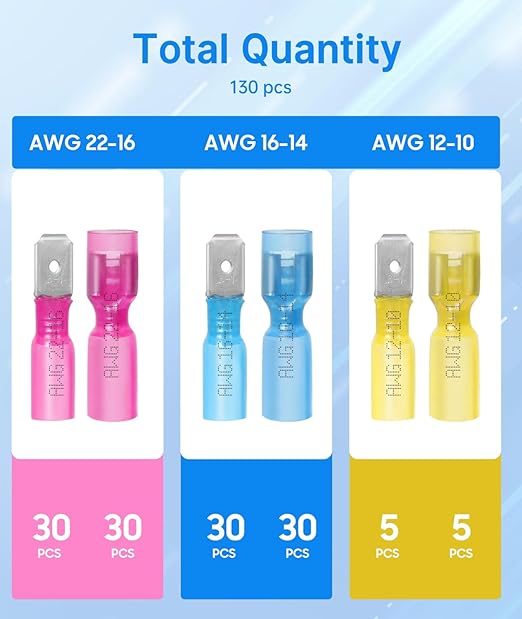 Kuject 130PCS Heat Shrink Wire Connectors, 22-10 AWG Electrical Insulated Male Female Wire Spade Terminals, Quick Disconnect Waterproof Crimp Butt Terminals for Automotive Marine Boat Truck