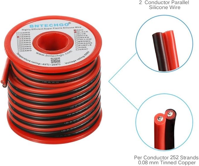 BNTECHGO 16 Gauge Flexible 2 Conductor Parallel Silicone Wire Spool Red Black High Resistant 200 deg C 600V for Single Color LED Strip Extension Cable Cord,Model,25ft Stranded Tinned Copper Wire