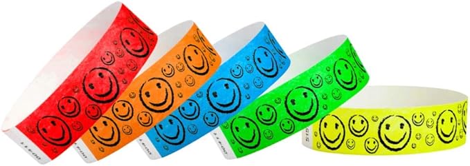 500 WristCo Tyvek Wristbands Smiley Face Variety Pack - ¾” x 10”- Waterproof Recyclable Comfortable Tear Resistant Paper Bracelets Wrist Bands for Events Concert Festival Admission Party