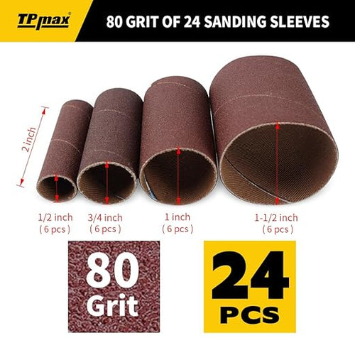 24-Pack Spindle Sanding Sleeves - 80 Grit - 2-Inch Length - Assorted Diameters of 1/2 in, 3/4 in, 1 in, and 1-1/2 inches