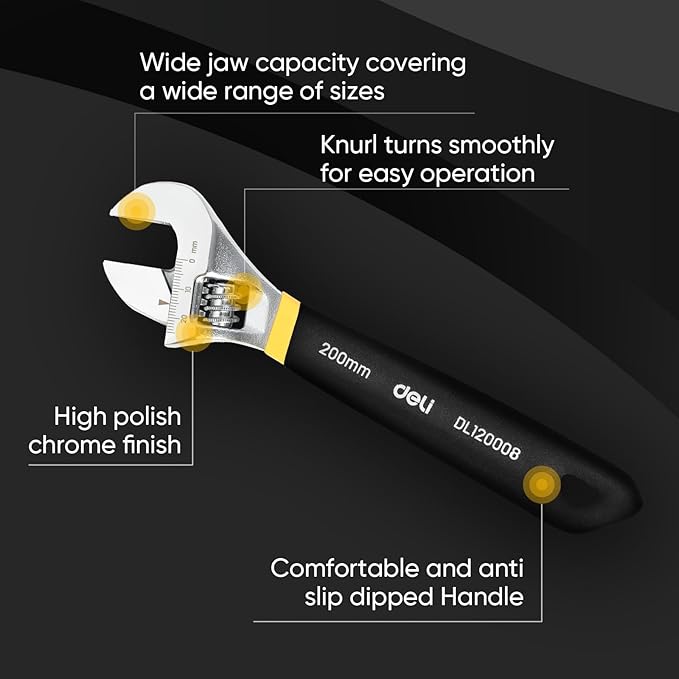 deli 8" Adjustable Wrench Heavy-Duty Chrome - Anti-Slip Grip, Smooth-Jaw, Cr-V Steel, Wide Opening for Plumbing & DIY