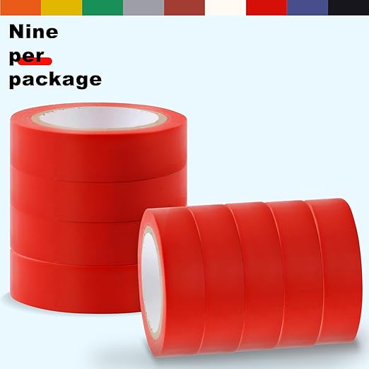 Romeda 9 Pack Electrical Tapes, Electrical Tape Water, Sun, and Oil Resistant, Electrical Tape is Suitable for Most Domestic, Commercial, and Industrial environments - Red
