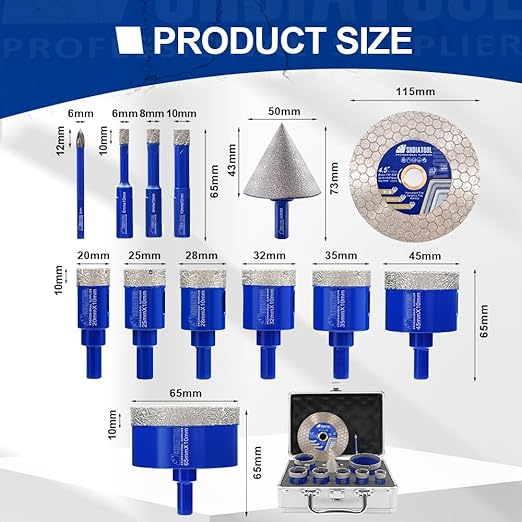 SHDIATOOL Diamond Tile Drill Bits Kit 13pcs, Porcelain Hole Saw Sets, Core Bits Cutter for Drilling Ceramic Marble Granite (6/8/10/20/25/28/32/35/45/65MM/2/4.5"/6MM)
