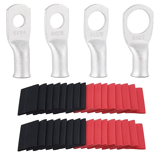 62PCS 6 AWG Tinned Ring Terminal Heat Shrink Tubing Set Copper Wire Lugs 6 Gauge 5/16", 3/8", 1/4", 1/2", 30Pcs Battery Cable Ends and 32PCS Heat Shrink Tubing