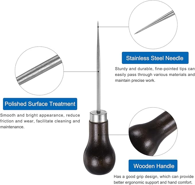 HARFINGTON 5pcs Handwork Sewing Awl Single Gourd Awl Leather Punch Hole Tool with Wooden Handle Scratch for Broken Wire Make Mark Drilling Stitching Repair and DIY Handmade, Dark Brown
