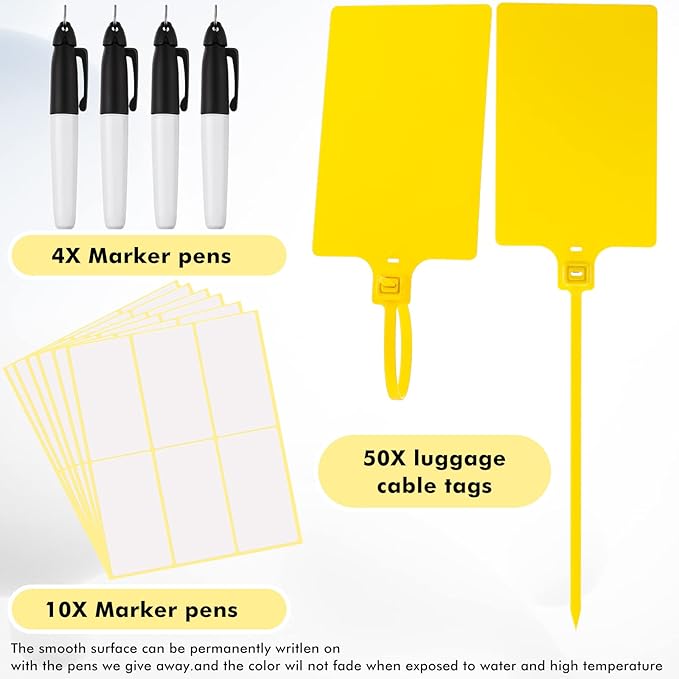 Pajean Waterproof Plastic Tags with Marker Pens and Sticker Labels, Self Locking Bag Writable Tags with Wire Cable Ties for Luggage(Yellow,50 Pieces)