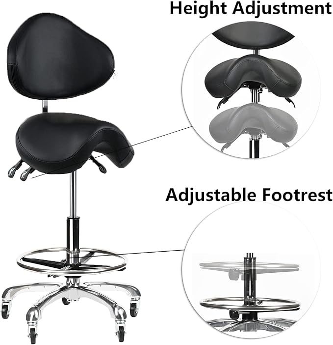 Saddle Stool Rolling Chair Tall with Backrest Foot Rest Hydraulic Swivel Adjustable Height Ergonomic Tilt Thick Seat with Casters for Dental Hygienist Eyelash Technician Hairstylist Black