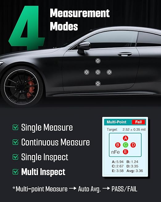 TESMEN TCG-2001 Paint Thickness Gauge for Cars, Digital Paint Meter with Data Bar Graph, 4-Way Backlit Color Screen, Car Paint Mil Thickness Tester with Limit Alarm for Used Car Buyers - Green