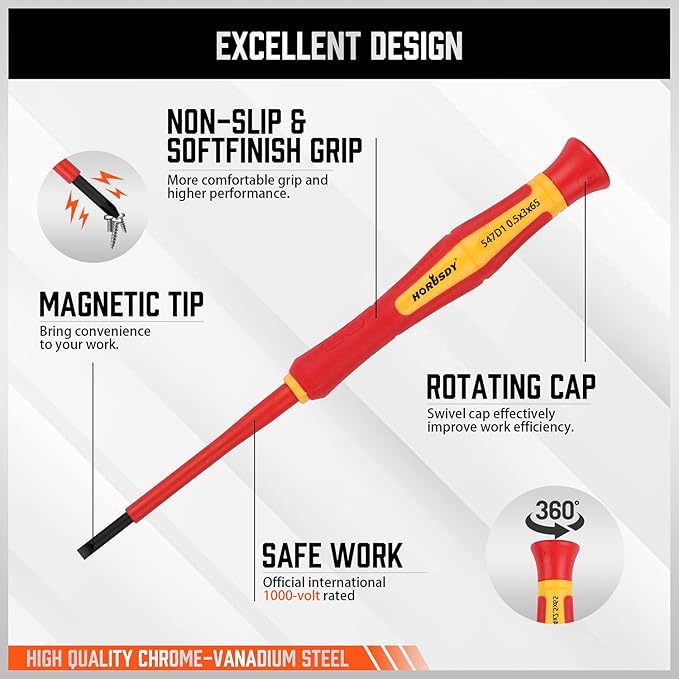 HORUSDY 1000V 6-Piece Mini Insulated Screwdriver Set, Magnetic Tip Mini Electrician Screwdriver Set Slotted(1.8mm,2.0mm2.5mm,3.0mm), Phillips: (PH00, PH0)