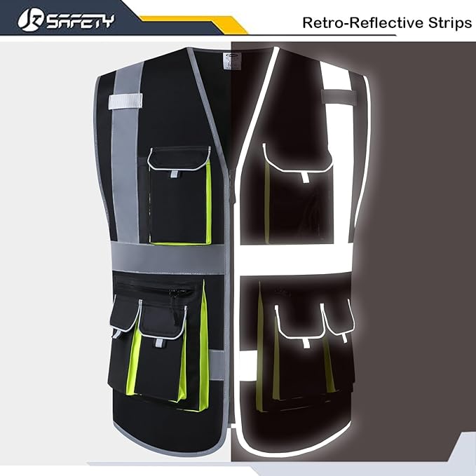 JKSafety 10 Pockets Black Color Safety Vest Zipper Front with High Reflective Strips Meets ANSI/ISEA Standards (88-Black, XX-Large)