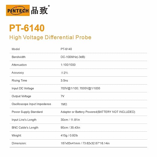 PINTECH Oscilloscope Probe 14kV, 100MHz High Voltage Differential Probe kit 3.5ns Rise Time 100X/1000X Attenuation Rate, PT-6140